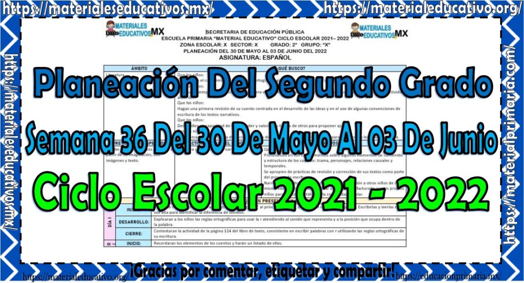 Planeación del segundo grado de primaria semana 36 del 30 de mayo al 03 de junio del ciclo escolar 2021 – 2022