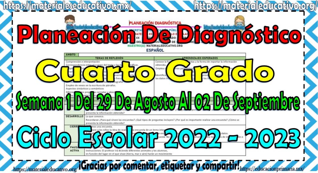 Planeación de diagnóstico del cuarto grado de primaria para la primera semana de clases del 29 de agosto al 02 de septiembre del ciclo escolar 2022 – 2023