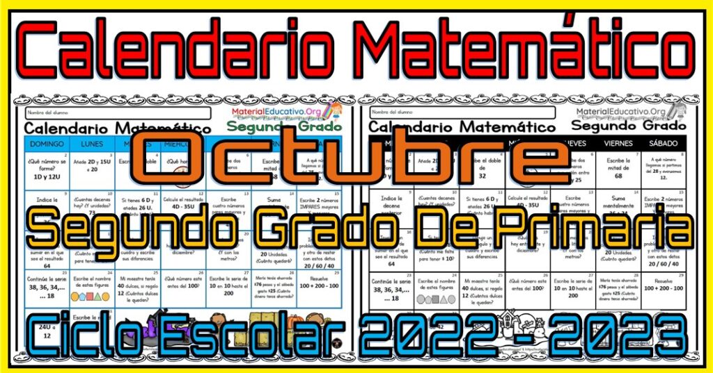 Calendario matemático del segundo grado del mes de octubre del ciclo escolar 2022 - 2023