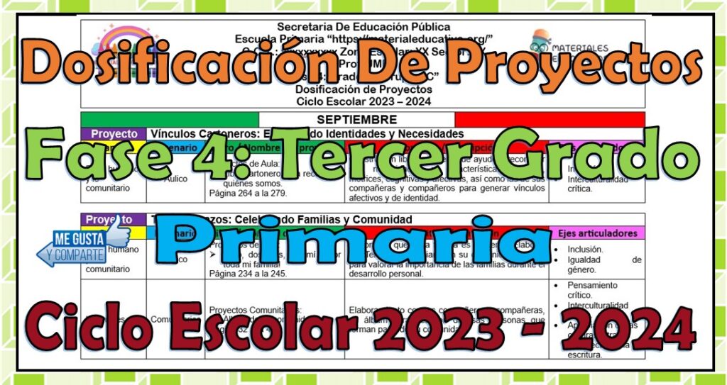Dosificación de proyectos de la fase 4 del tercer grado de primaria del ciclo escolar 2023 - 2024